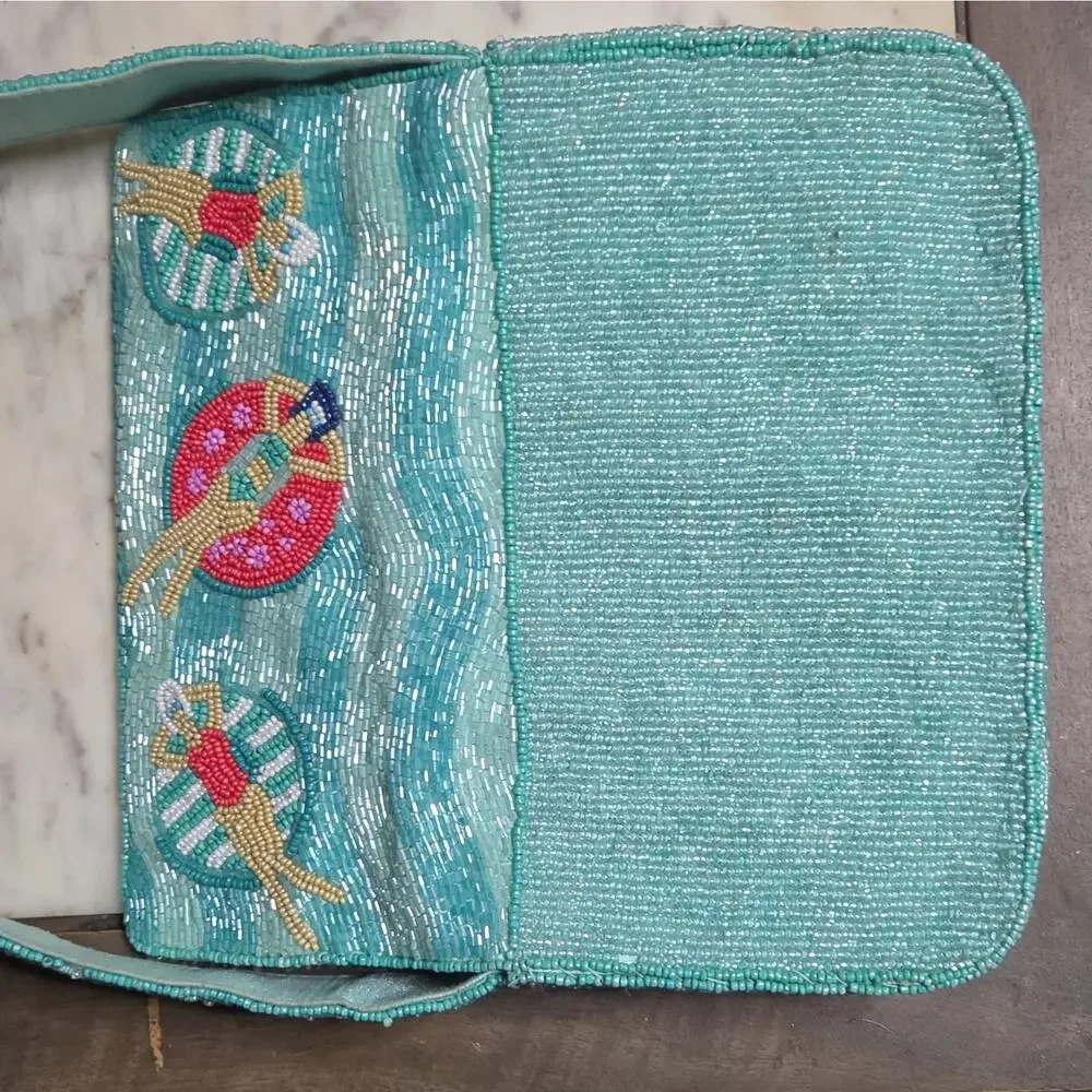 On 34th Blue Beaded Embroidered Shoulder Bag Purse, Beach Theme, Rectangle Shape